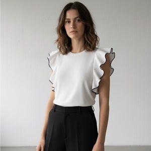 Whistles white sleeveless knit top w/ ruffle and black trim detail - 8 (Medium)